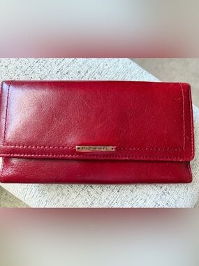 Fossil Red Leather Wallet with Metal Logo Bar